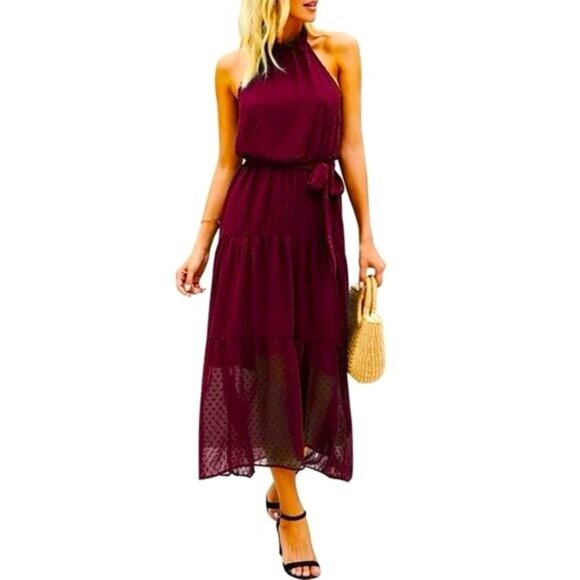 NWT Elegant Burgundy Halter Maxi Dress Tiered Semi-Sheer Perfect Evening Large - Picture 16 of 16
